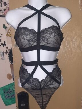 Black Lace Strappy Harness V.S. Bodysuit - Women Intimates